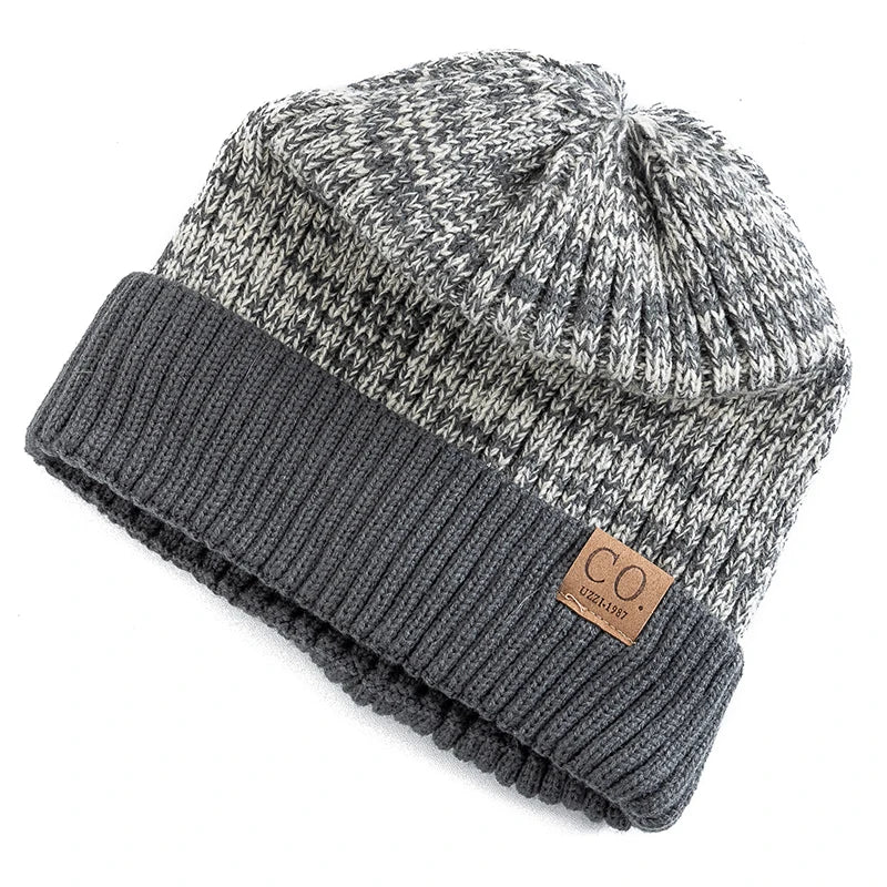 Unisex Two-Tone Winter Beanie Hat Fur Lined Warm Knitted Cap for Men & Women