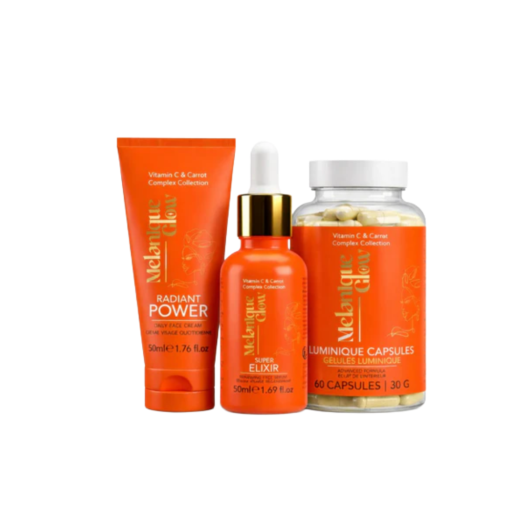 Melanique Glow Brightening Trio for Radiant, Even Skin Tone (Serum, Face Cream & Capsules)
