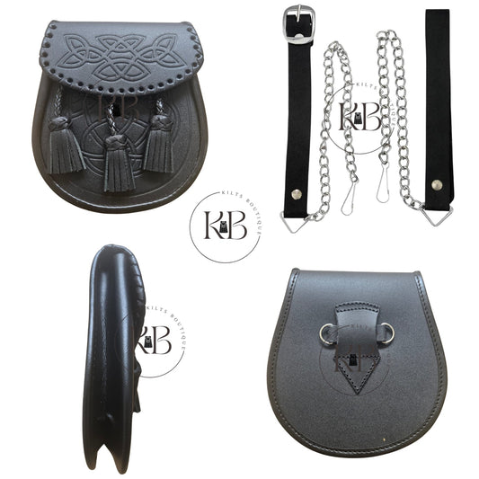 Double Embossed Black Leather Kilt Sporran 3 Tassels With Chain & Belt