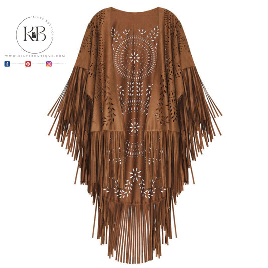 Camel Suede Floral Hollow Out Fringe Tassel Shawl Women Vintage Capes Ponchos Autumn Bohemian cardigan Cloak Boho Capes Yillow