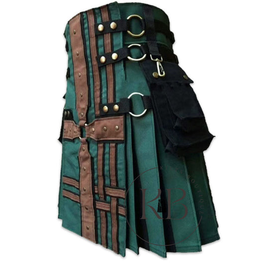 Hunter Green + Brown Medieval Modern Hybrid Utility Kilt