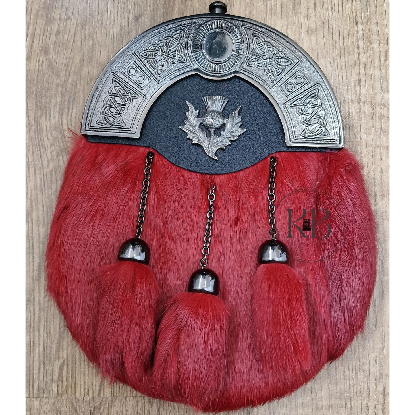 Antique Scottish Thistle & Highland Full Dress Red Rabbit-Fur Thistle Sporran Cantle With 3 Tassels
