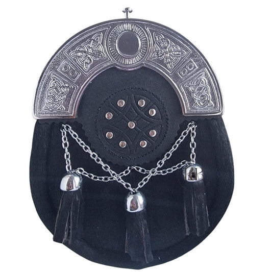 Scottish Men Celtic Knot Studded Black Leather Kilt Full Dress Sporran with 3  bell tassels