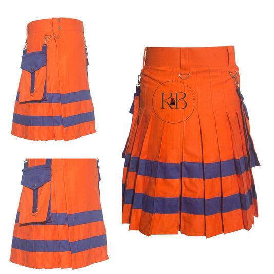 Firefighter Kilt Orange Traditional Men's Stylish Orange with Navy Blue Stripes Utility Kilt
