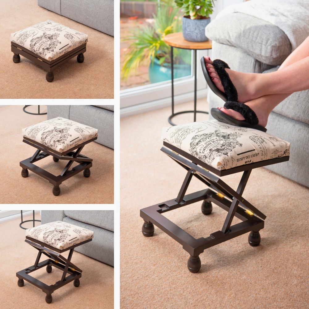 Adjustable 3-Position Wooden Footstool – Padded Fabric Top in White or Mahogany Finish