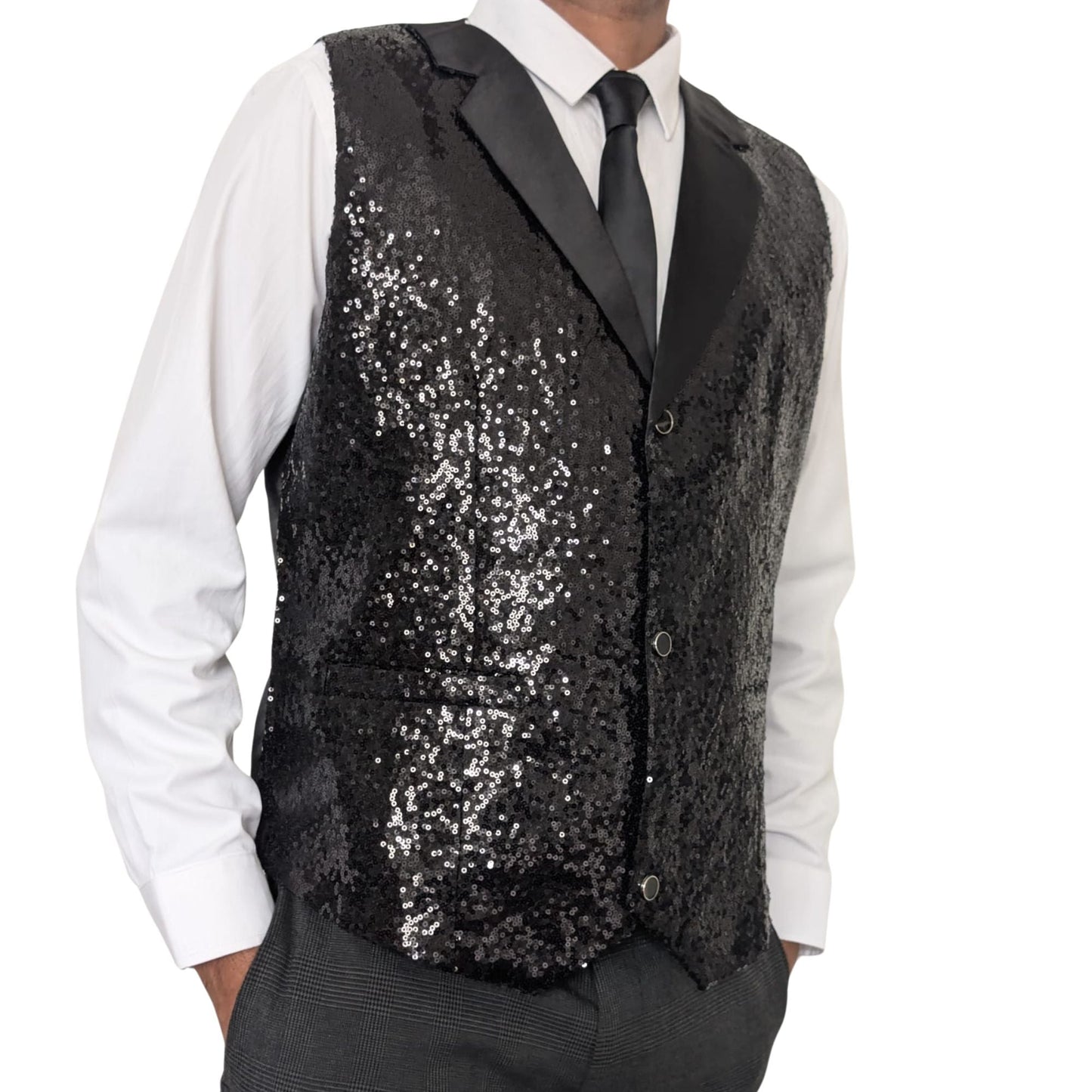 Men’s Black Sequin Waistcoat – Formal Party Vest with Satin Lapel for Wedding, Prom, Stage, Show