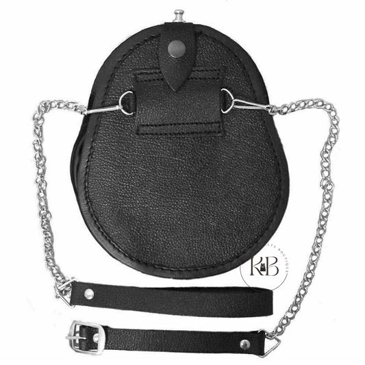 Scottish Men Celtic Knot Studded Black Leather Kilt Full Dress Sporran with 3  bell tassels