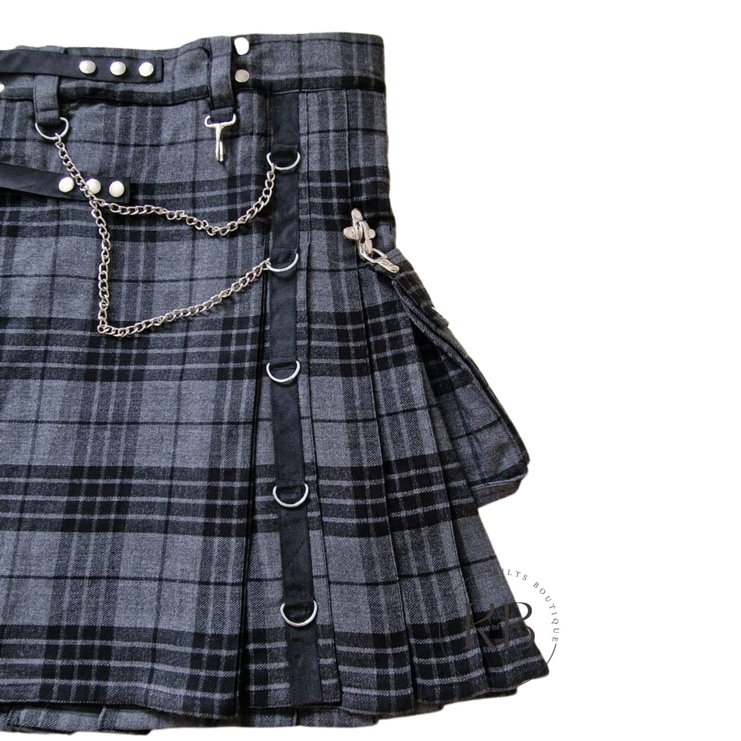 Highland Grey Gothic Kilt Detachable Pockets Modern Gothic Fashion Kilt Active Men