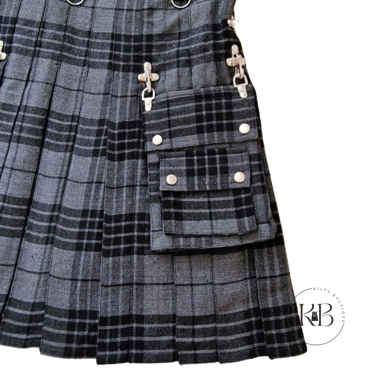 Highland Grey Gothic Kilt Detachable Pockets Modern Gothic Fashion Kilt Active Men