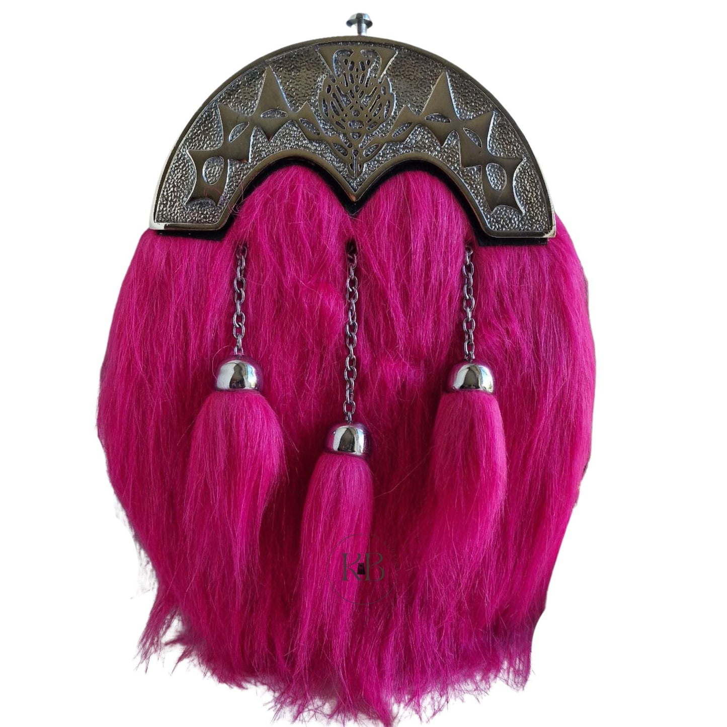 Pink Scottish & Highland Sporran Full Dress Fur Big Thistle Cantle With 3 Tassels Chrome Finish.