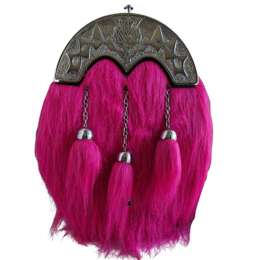 Pink Scottish & Highland Sporran Full Dress Fur Big Thistle Cantle With 3 Tassels Chrome Finish.