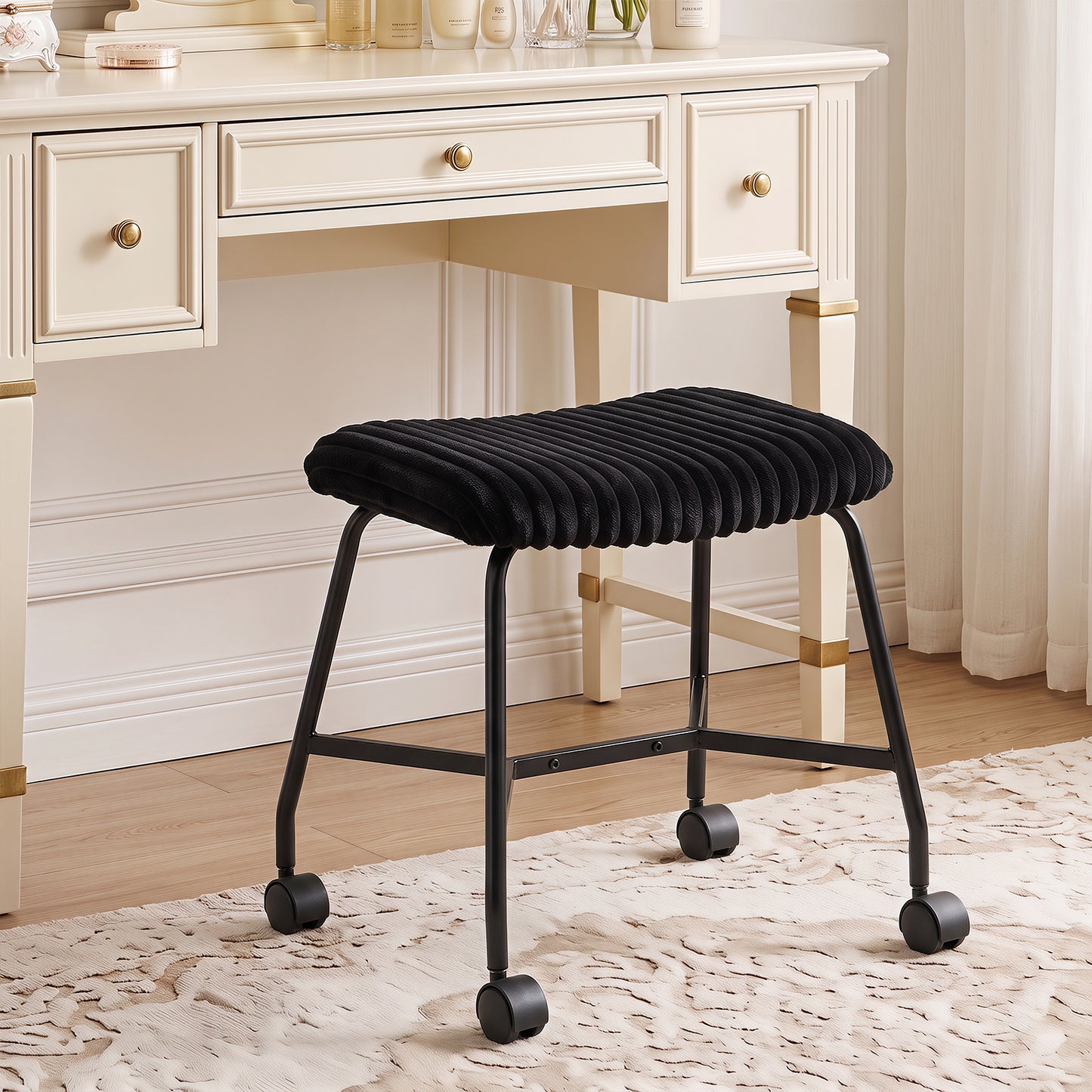 Upholstered Footrest Stool Set of 2 with 4 Swivel Casters & 7.5 cm Thick Cushion for Bedroom-Black