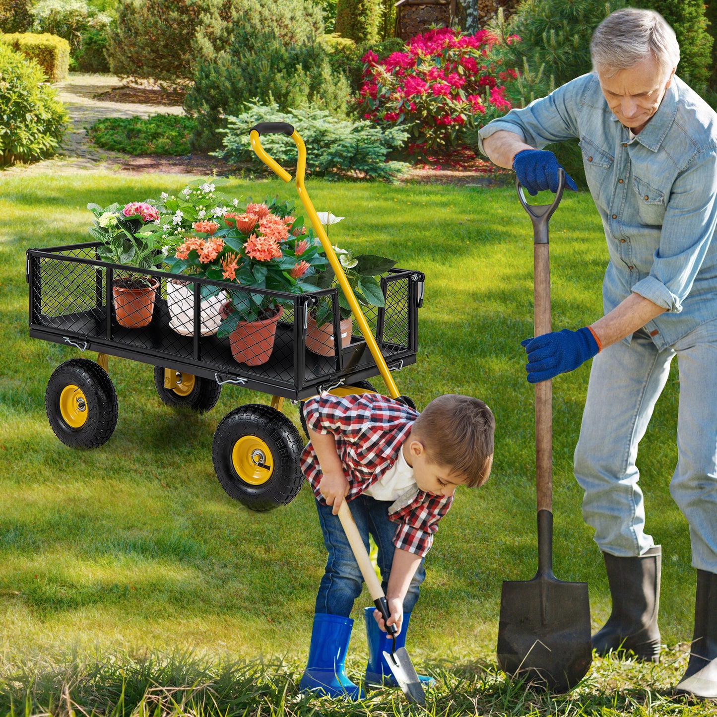 Utility Garden Cart with 180° Rotating Handle and Removable Sides for Outdoor-Black