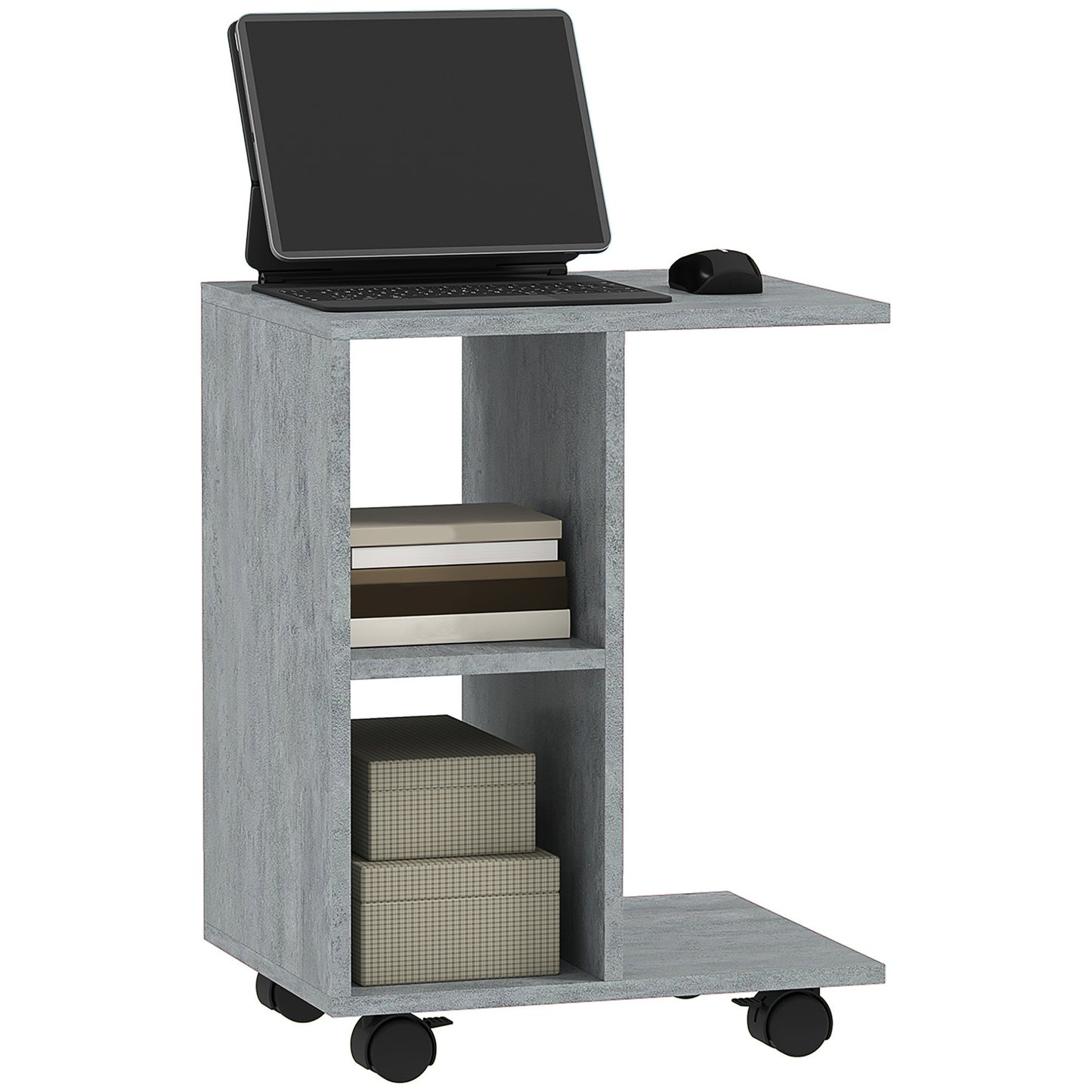 HOMCOM C-Shape End Table Storage Unit w/ 2 Shelves 4 Wheels Home Office