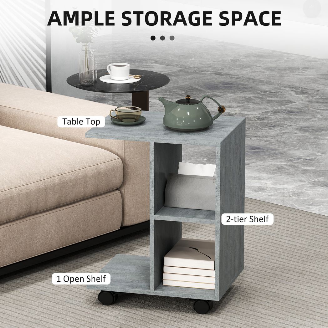 HOMCOM C-Shape End Table Storage Unit w/ 2 Shelves 4 Wheels Home Office