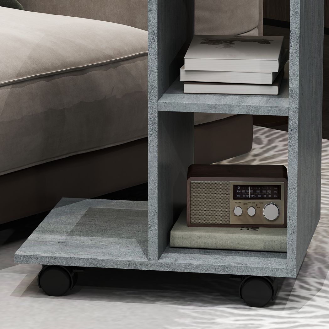 HOMCOM C-Shape End Table Storage Unit w/ 2 Shelves 4 Wheels Home Office