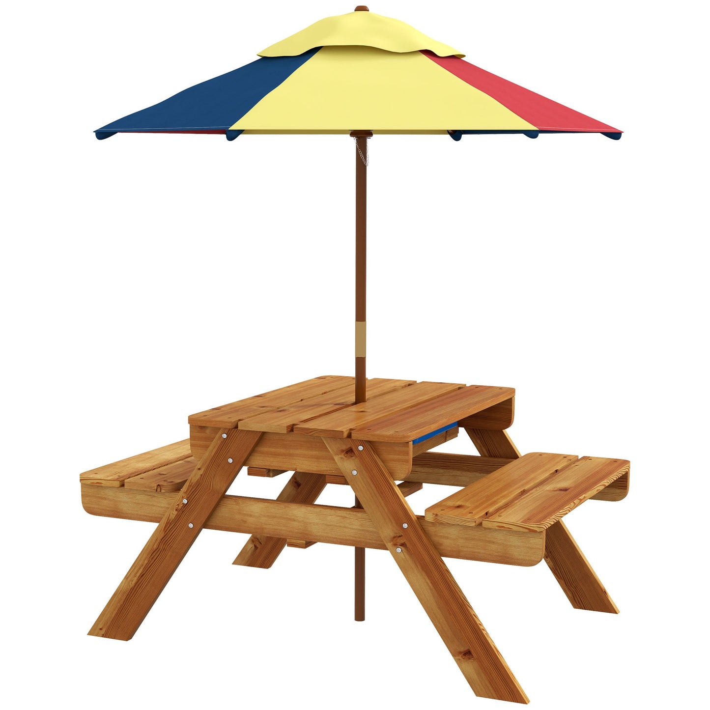 Outsunny Kids Picnic Table Set w/ Sand and Water, Removable Parasol - Brown