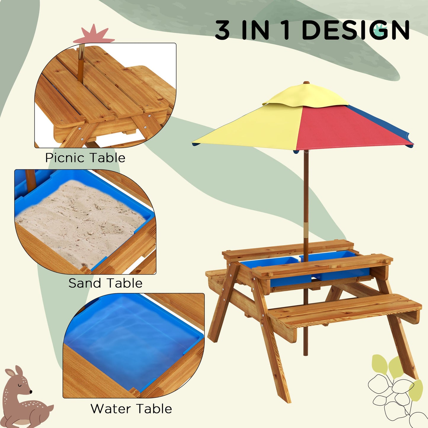 Outsunny Kids Picnic Table Set w/ Sand and Water, Removable Parasol - Brown