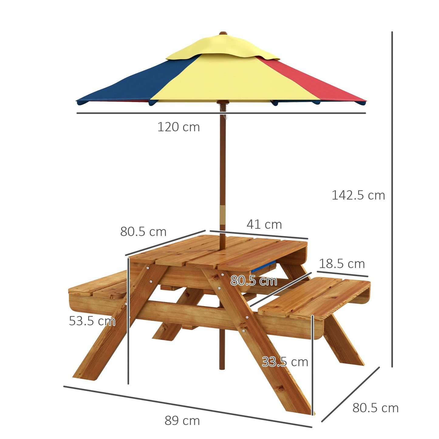 Outsunny Kids Picnic Table Set w/ Sand and Water, Removable Parasol - Brown