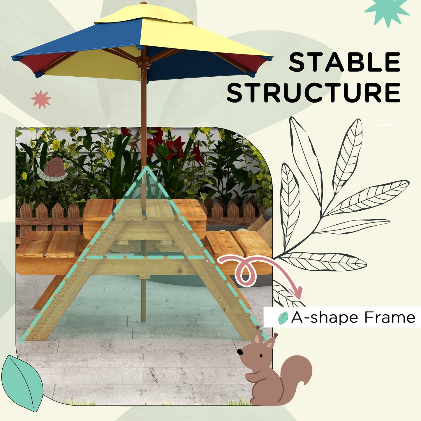 Outsunny Kids Picnic Table Set w/ Sand and Water, Removable Parasol - Brown