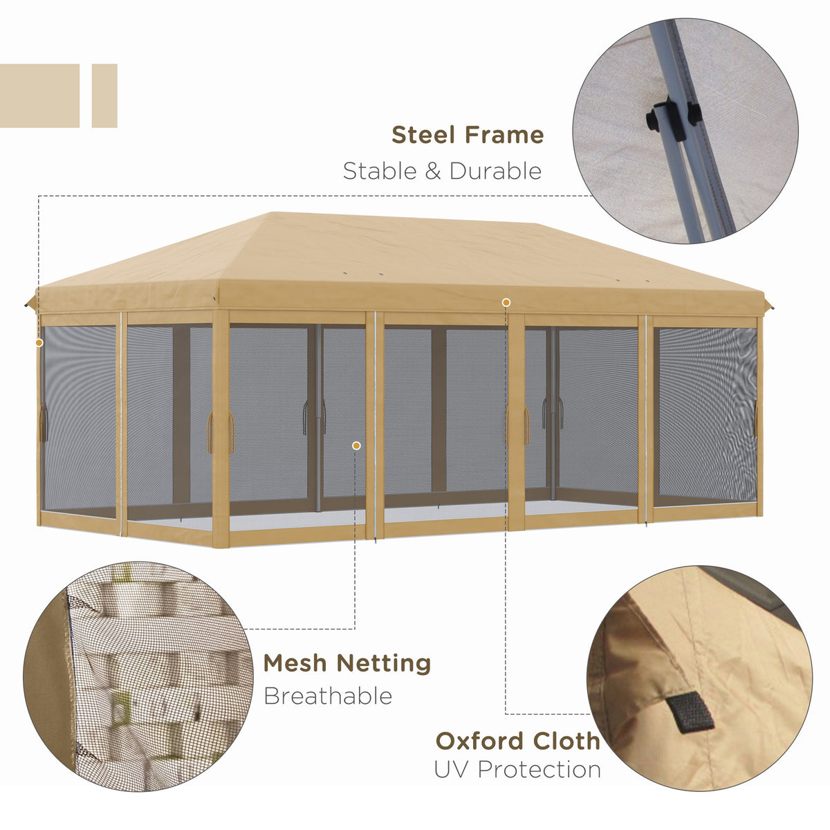 Outsunny 6 x 3m Pop Up Party Tent Canopy with 6 Removable Sidewalls Beige
