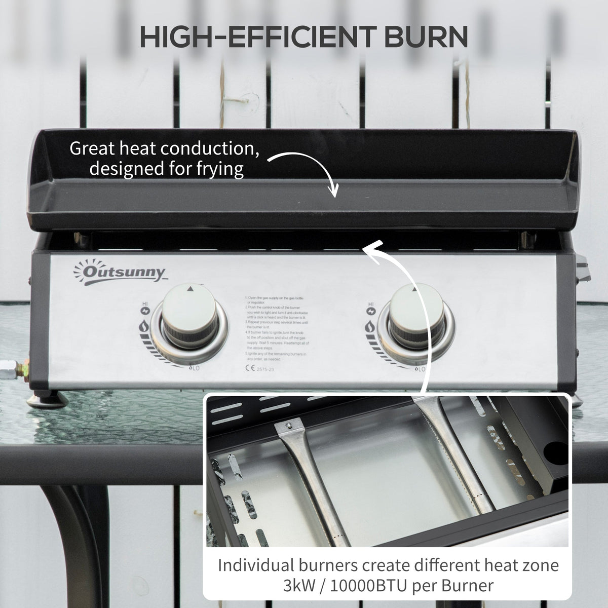 Outsunny Portable Gas Plancha BBQ Grill with 2 Stainless Steel Burner, 10kW