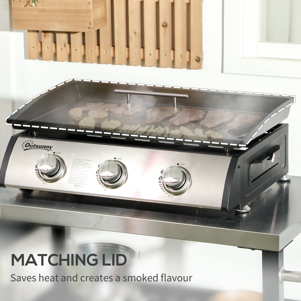 Outsunny Portable Gas Plancha BBQ Grill with 3 Burners, Non-Stick Griddle, Lid