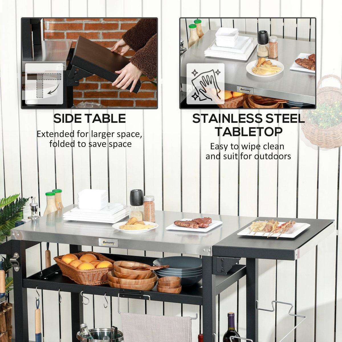 Outsunny Stainless Steel Outdoor Grill Cart with Folding Side table, 2 Wheels