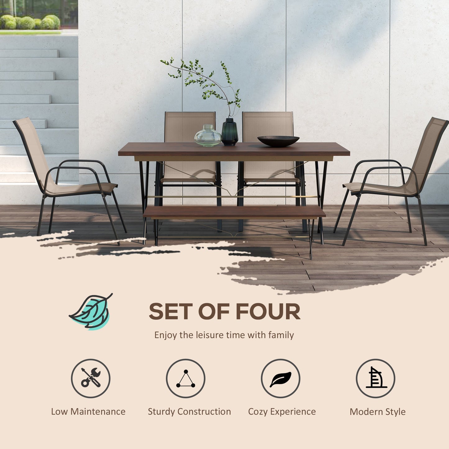 Outsunny Set of 4 Garden Dining Chair Set Outdoor w/ High Back Armrest Grey