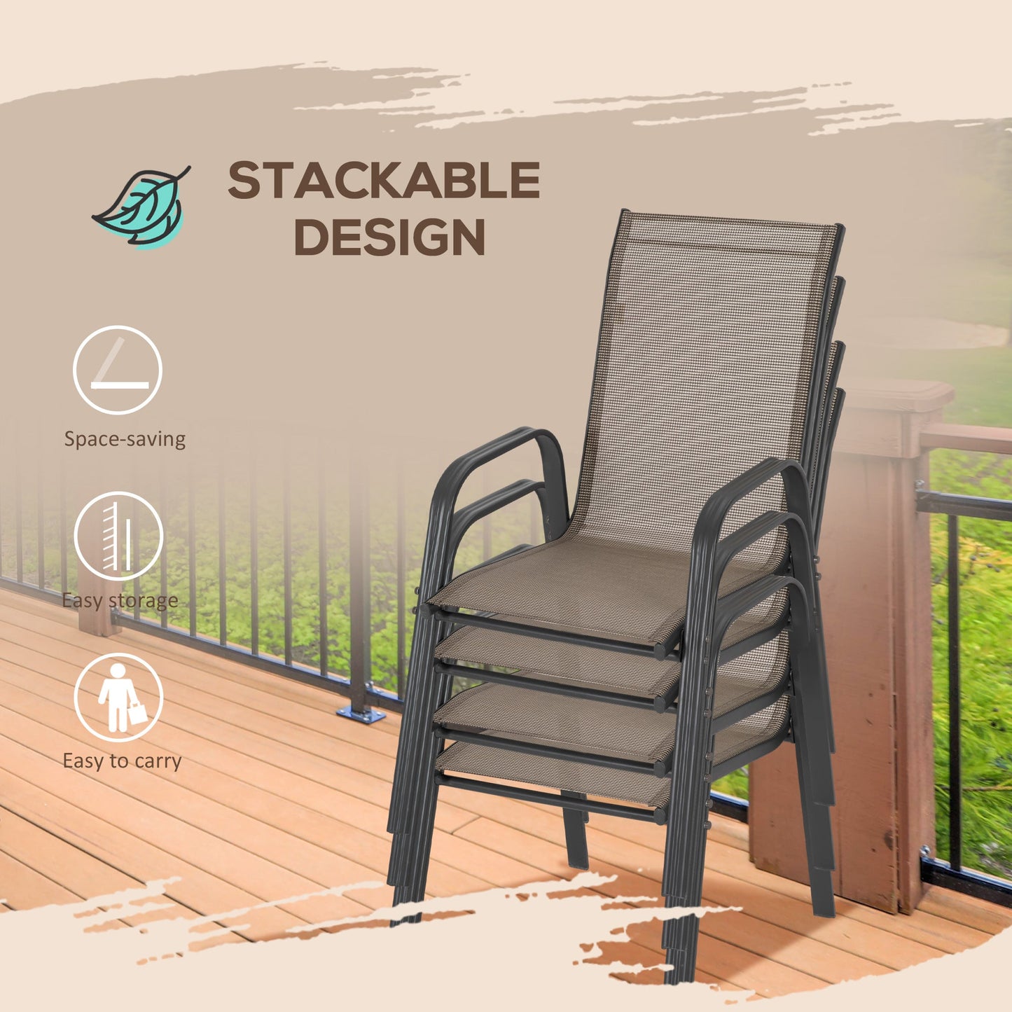 Outsunny Set of 4 Garden Dining Chair Set Outdoor w/ High Back Armrest Grey