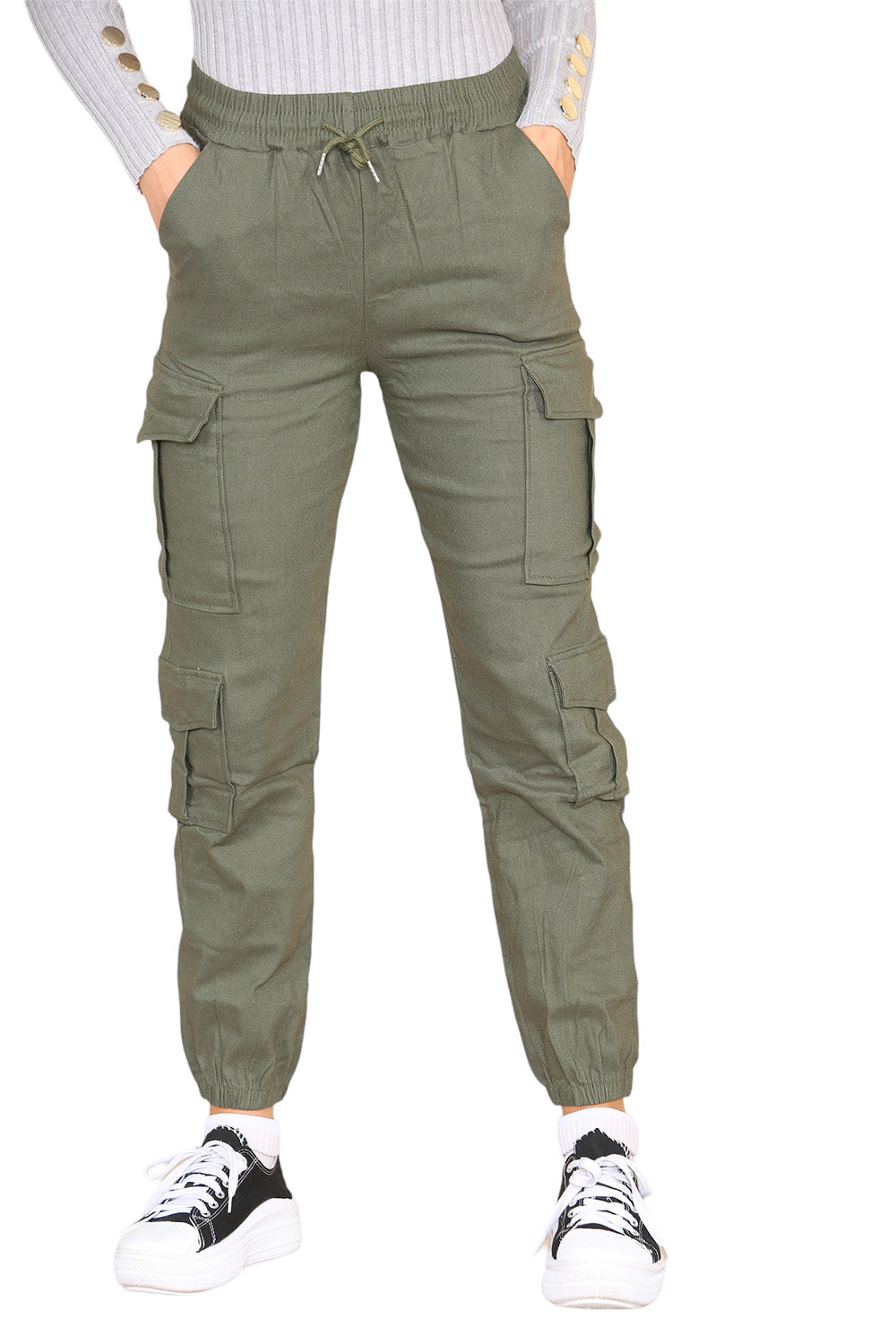 Cargo Pockets Pants Women High Waist Cropped Slim Fit Trouser