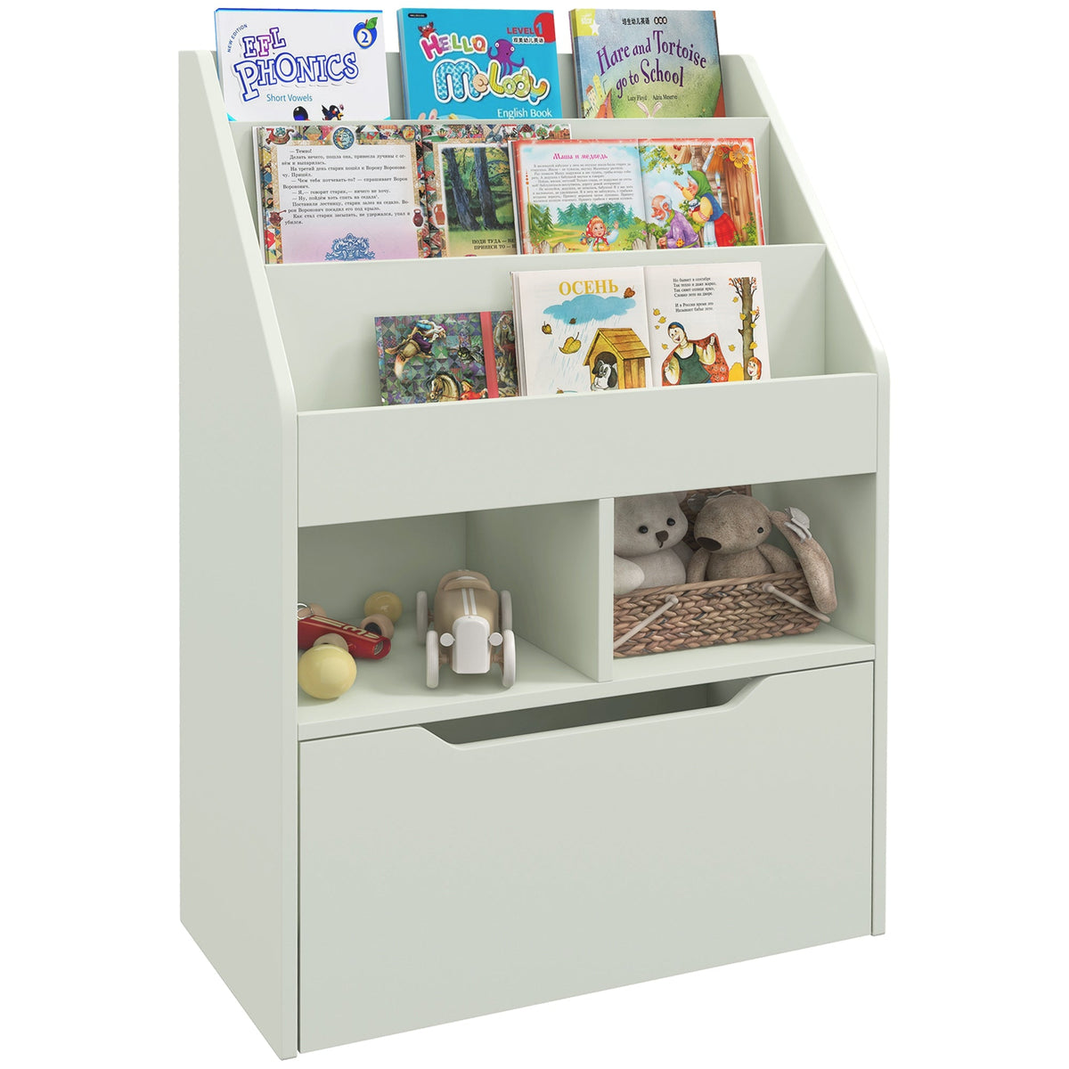HOMCOM Kids Bookcase, Toy Box w/ Storage Drawer, Wheels for Bedroom