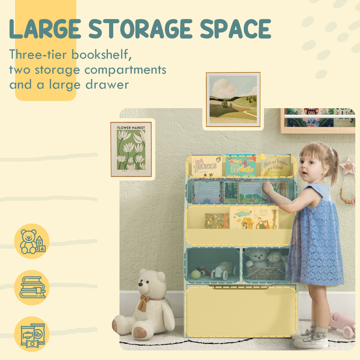 HOMCOM Kids Bookcase, Toy Box w/ Storage Drawer, Wheels for Bedroom