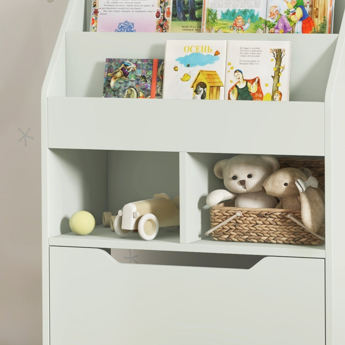 HOMCOM Kids Bookcase, Toy Box w/ Storage Drawer, Wheels for Bedroom