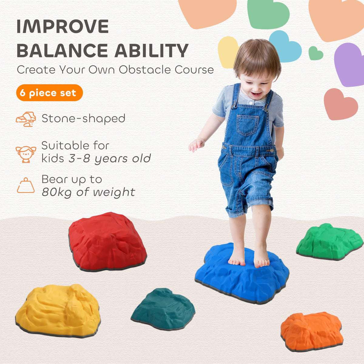 AIYAPLAY Balance Stepping Stones, 6 PCS River Stones for Kids Ages 3-8 Years