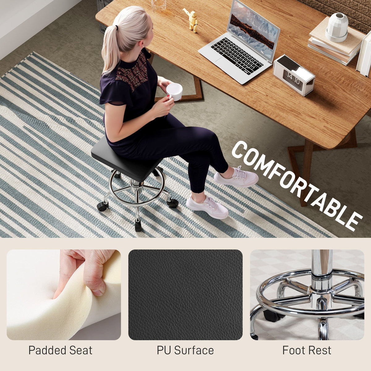 HOMCOM PU Leather Rolling Stool, Height Adjustable Salon Chair