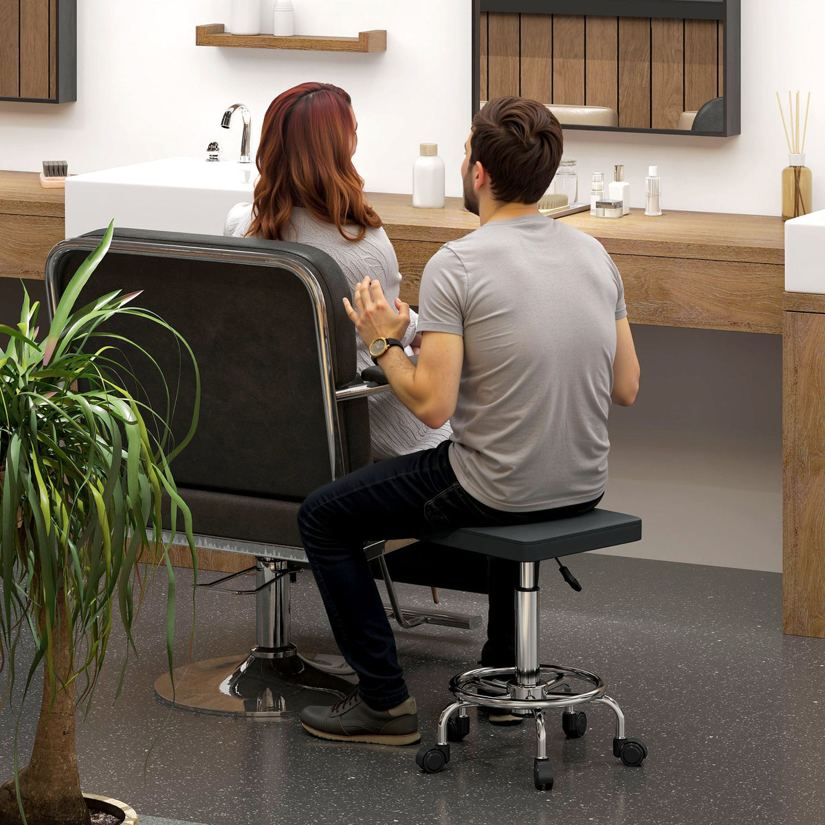 HOMCOM PU Leather Rolling Stool, Height Adjustable Salon Chair