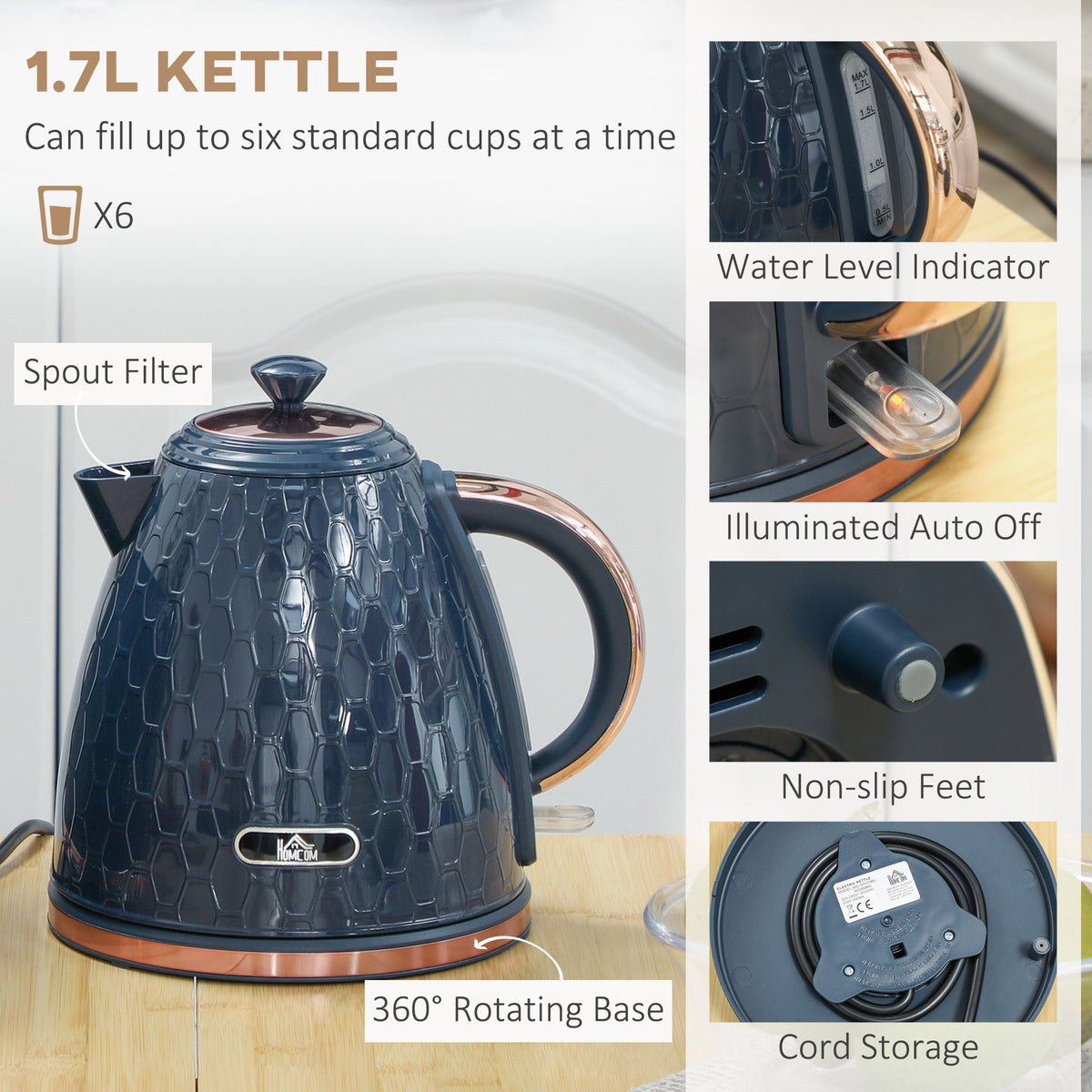 HOMCOM Kettle and Toaster Set 1.7L Fast Boil Kettle & 2 Slice Toaster Set