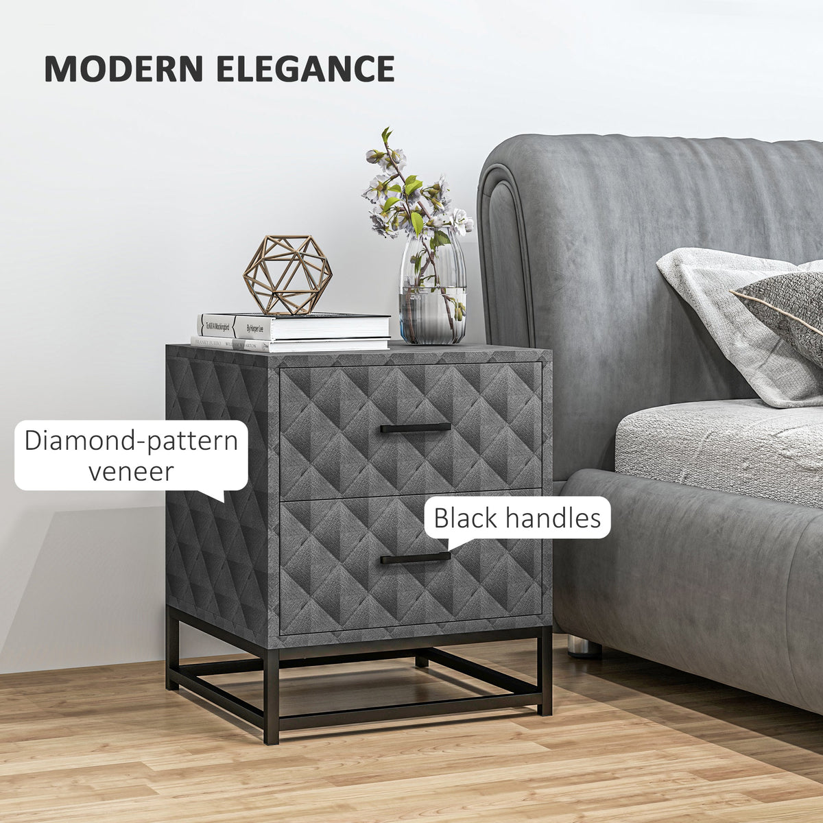 HOMCOM Bedside Table Set of 2, Nightstand with 2 Drawers, Steel Legs