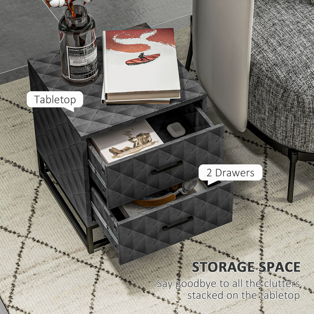 HOMCOM Bedside Table Set of 2, Nightstand with 2 Drawers, Steel Legs