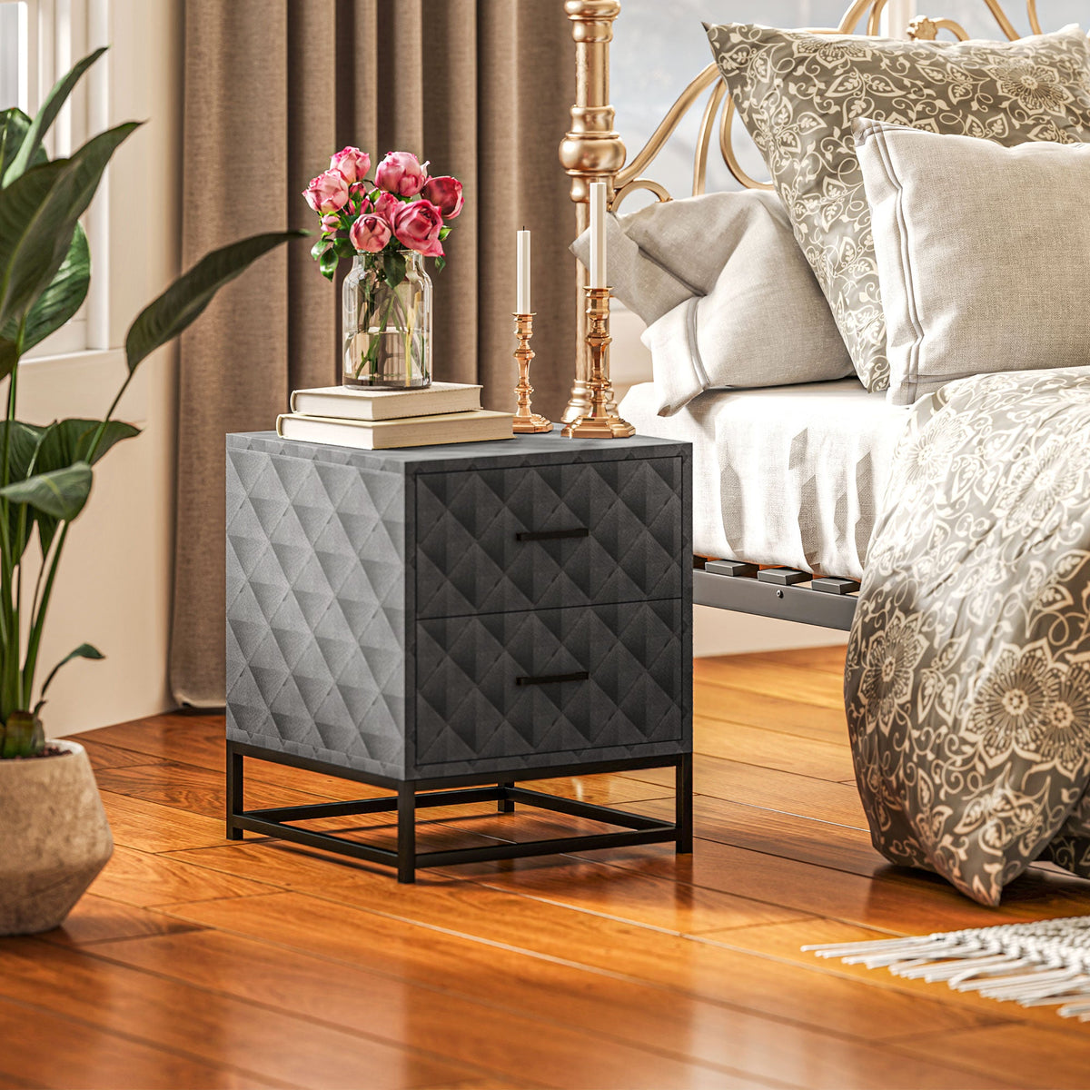 HOMCOM Bedside Table Set of 2, Nightstand with 2 Drawers, Steel Legs