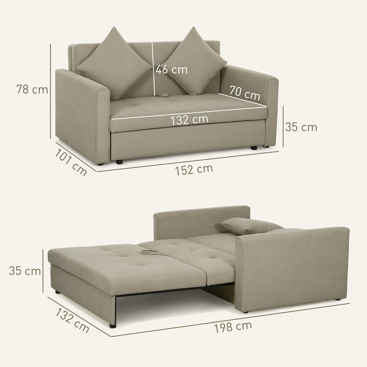 HOMCOM 2 Seater Sofa Bed Convertible Bed Settee w/ 2 Cushions