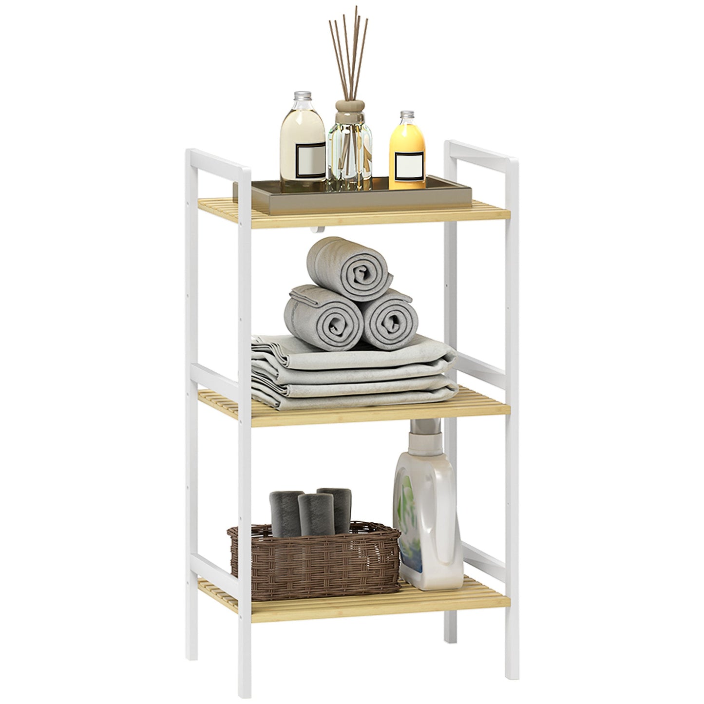 HOMCOM 3-Tier Bamboo Bathroom Storage Shelf with Adjustable Rack