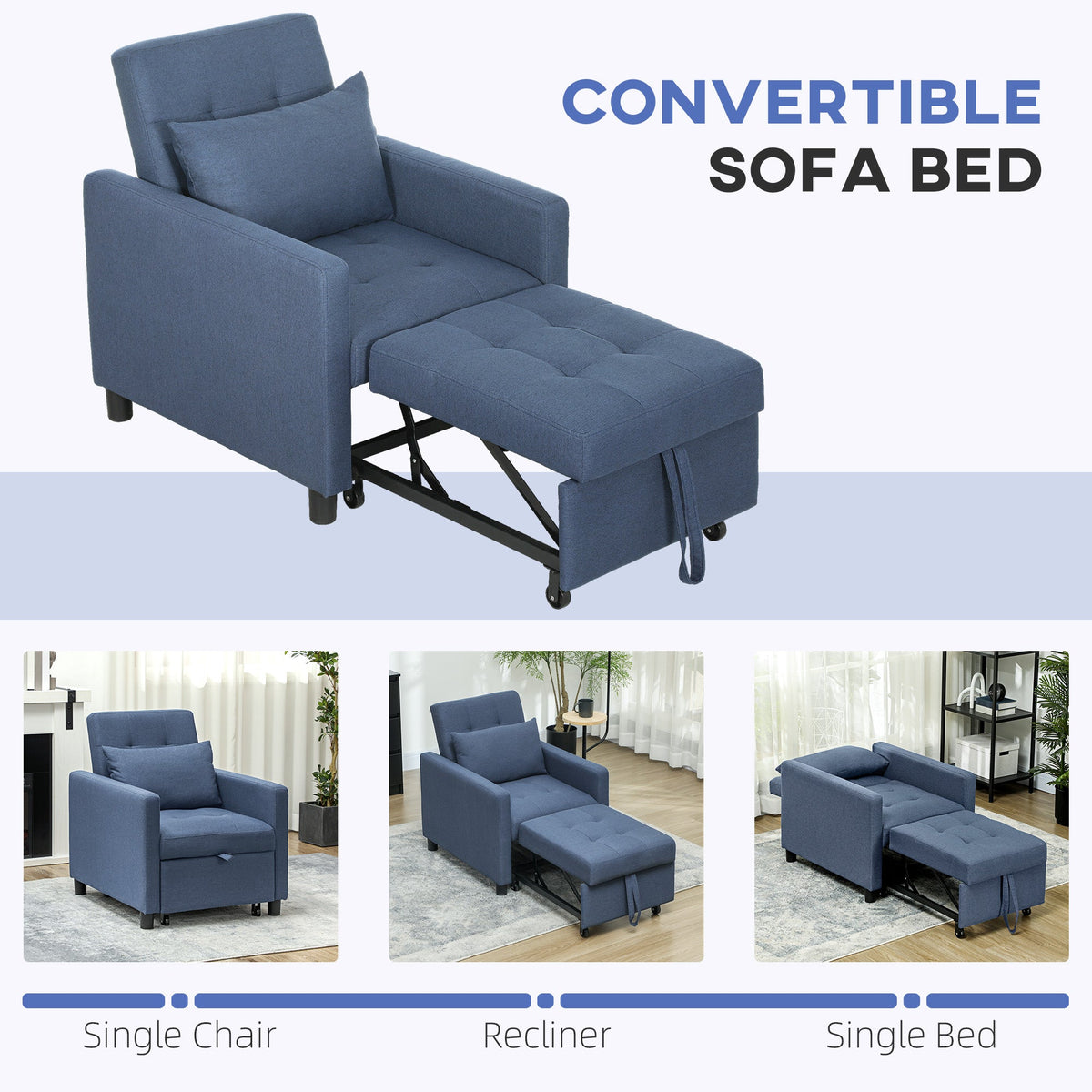 HOMCOM Convertible Single Chair Bed with Upholstered Fabric