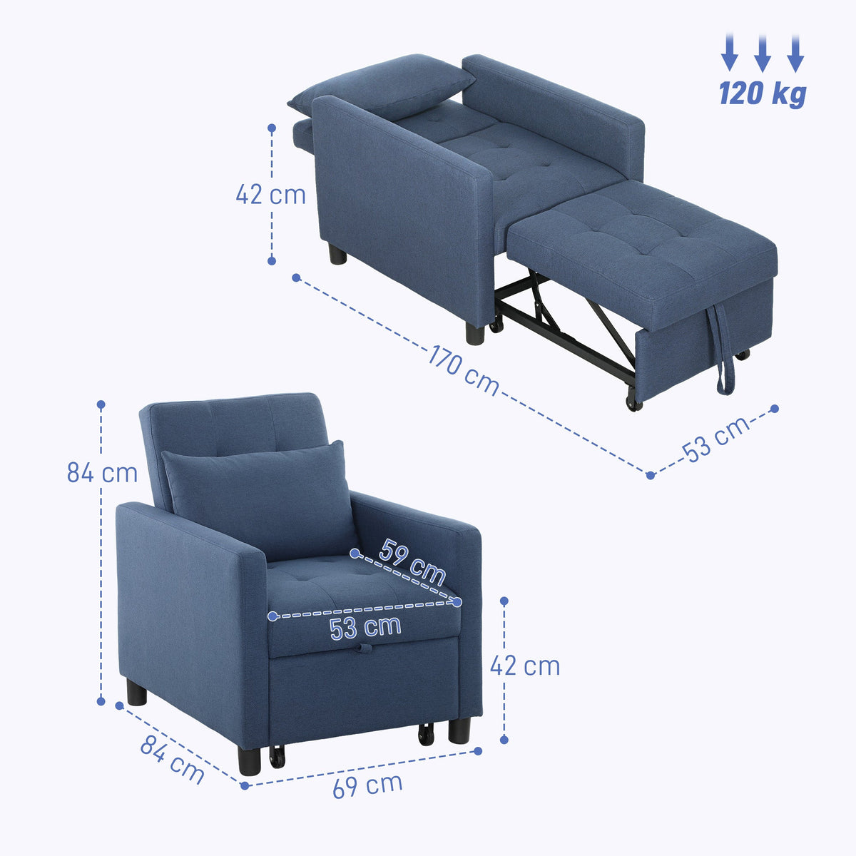 HOMCOM Convertible Single Chair Bed with Upholstered Fabric
