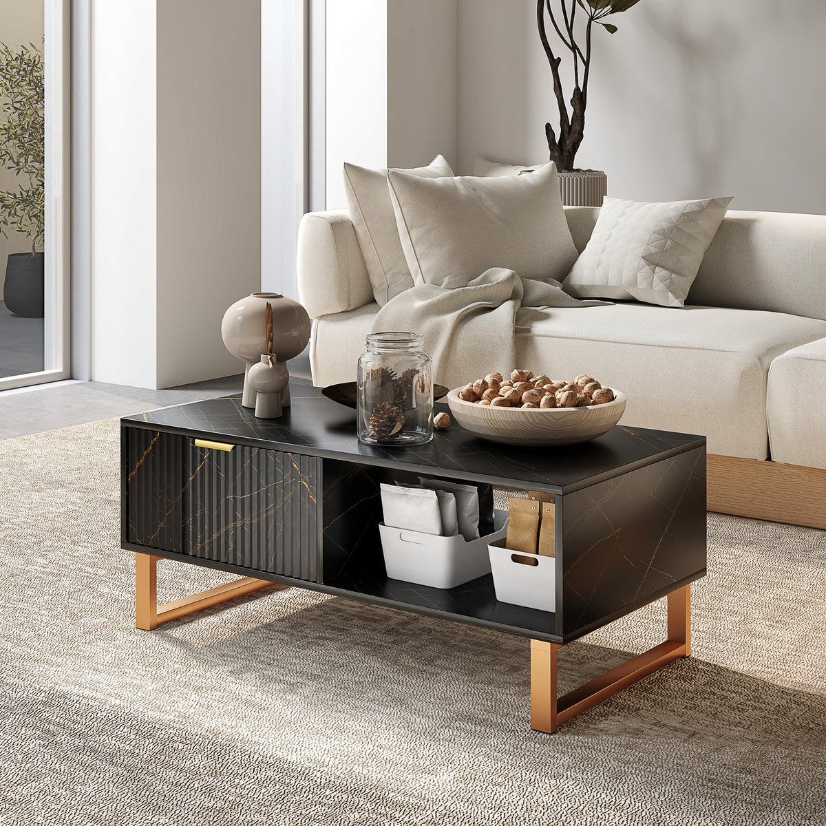 HOMCOM Coffee Table, Living Room Table with Drawer and Open Shelves