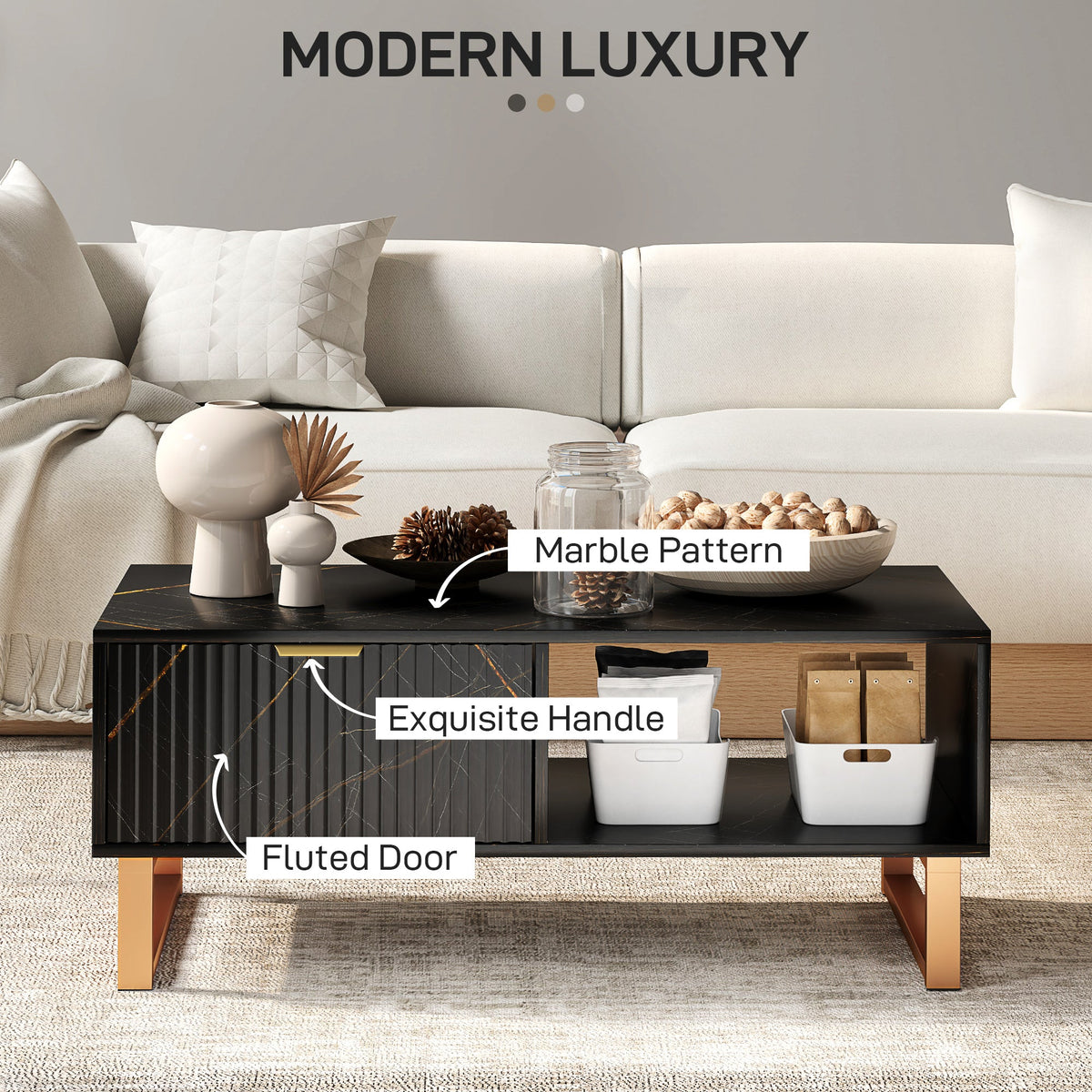 HOMCOM Coffee Table, Living Room Table with Drawer and Open Shelves