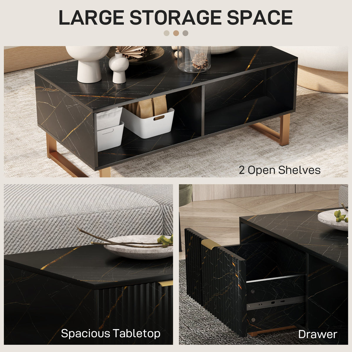 HOMCOM Coffee Table, Living Room Table with Drawer and Open Shelves