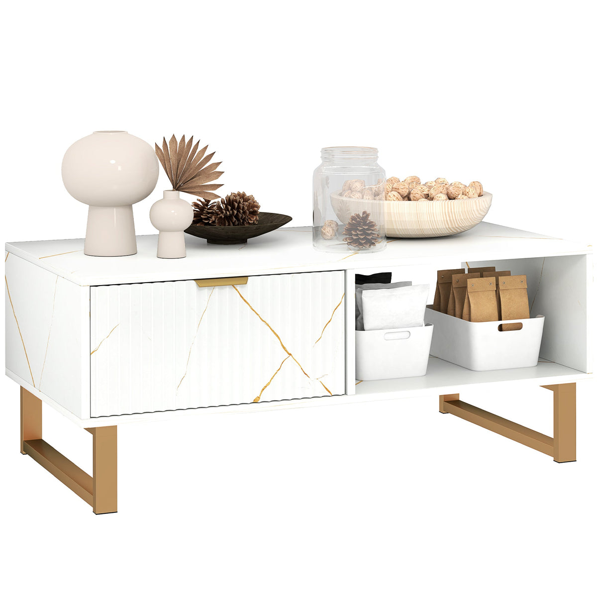 HOMCOM Coffee Table, Living Room Table with Drawer and Open Shelves