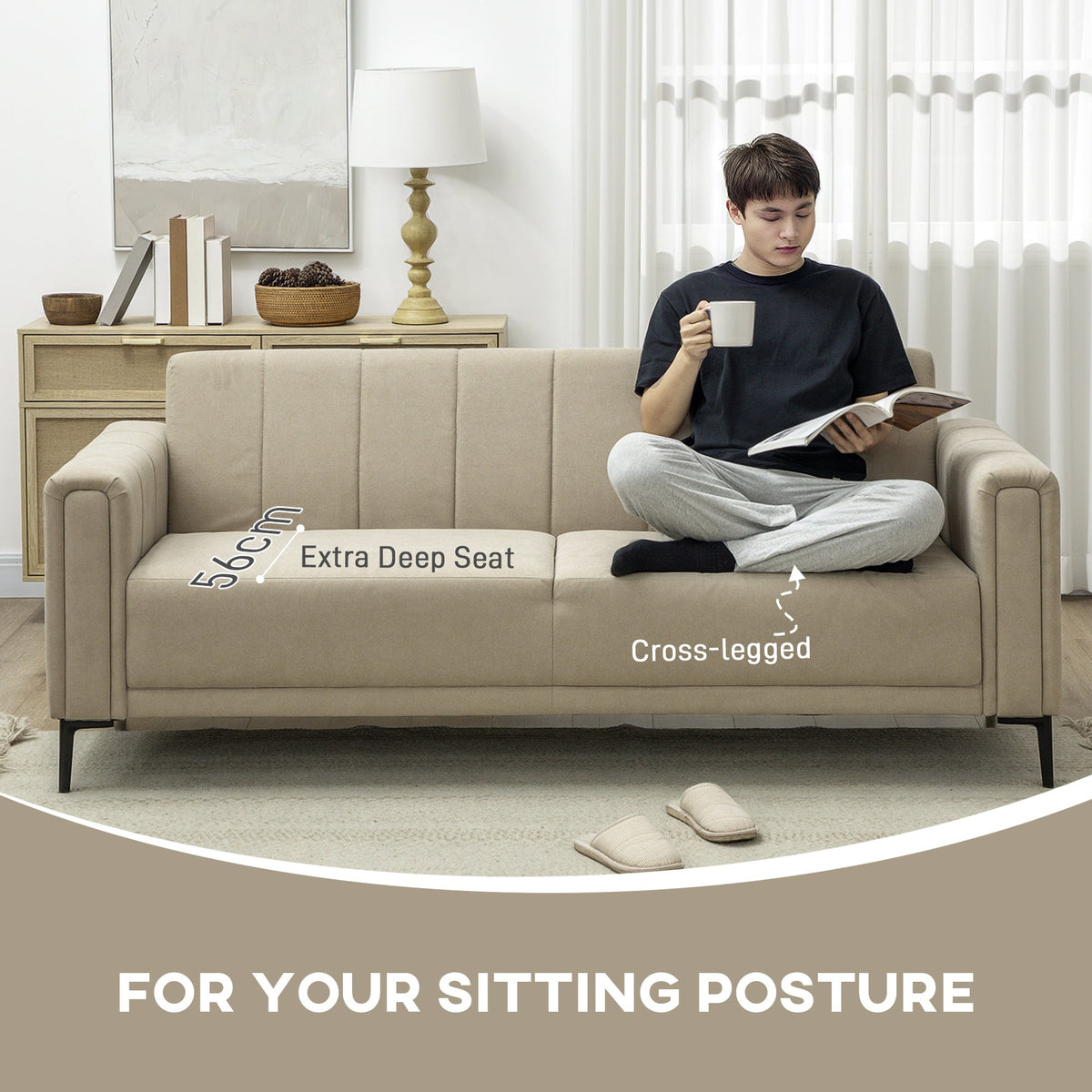 HOMCOM 3 Seater Sofa, Modern Fabric Couch with Channel Tufted